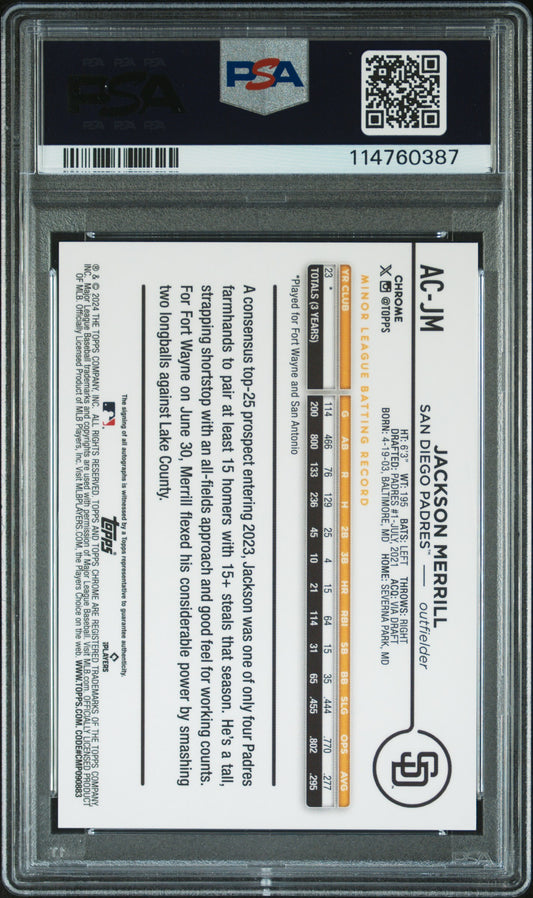 2024 Topps Chrome Update Jackson Merrill RC Auto Gold Wave #ACJM PSA 9
