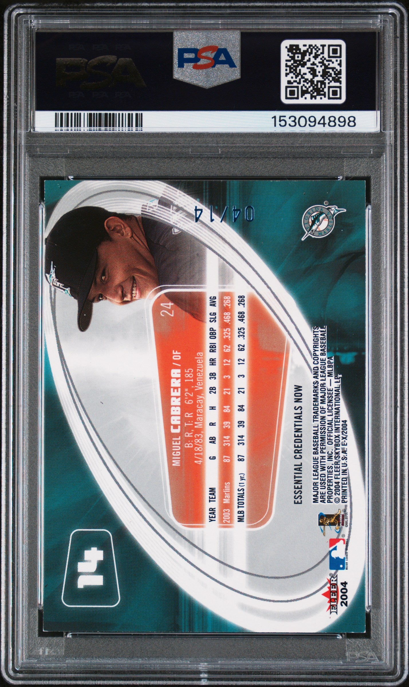 2004 Fleer E-X Miguel Cabrera Essential Credentials Now /14 – PSA 7