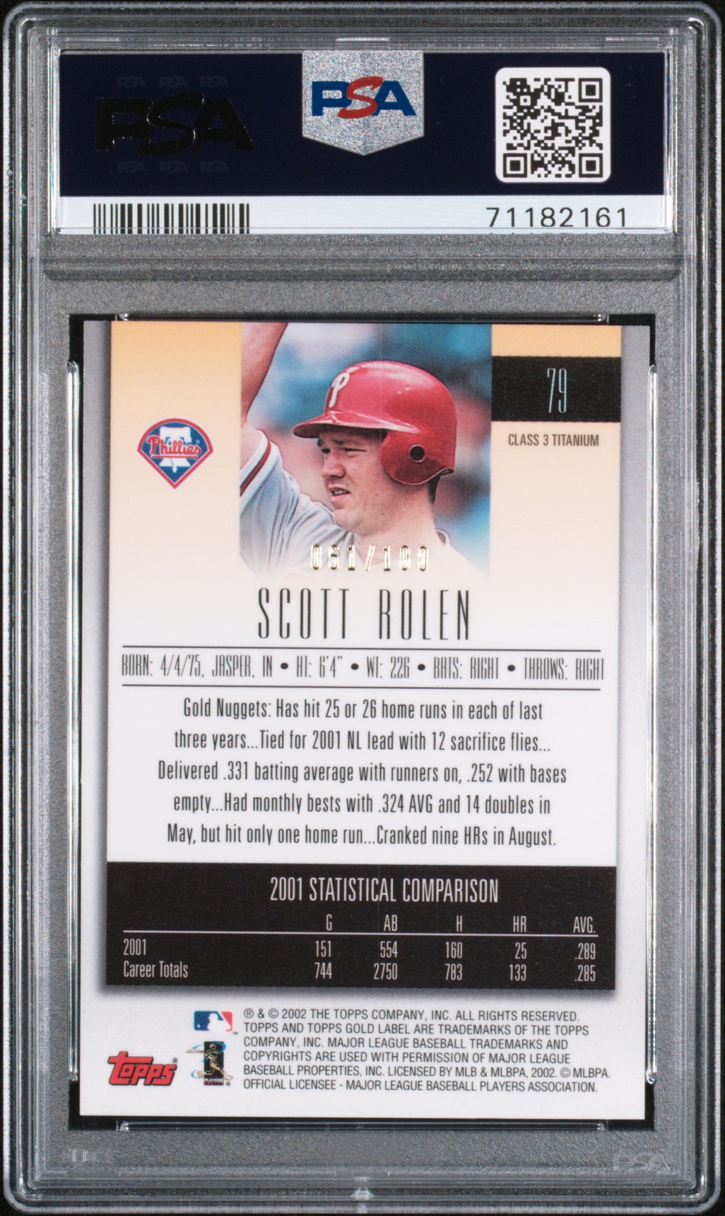 2002 Topps Gold Label Scott Rolen Class 3 Titanium #79 PSA 8 NM-MT