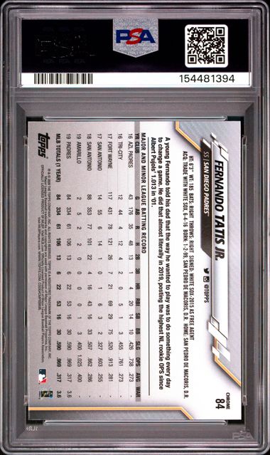 Back of a fernando tatis jr baseball card in a PSA trading card holder