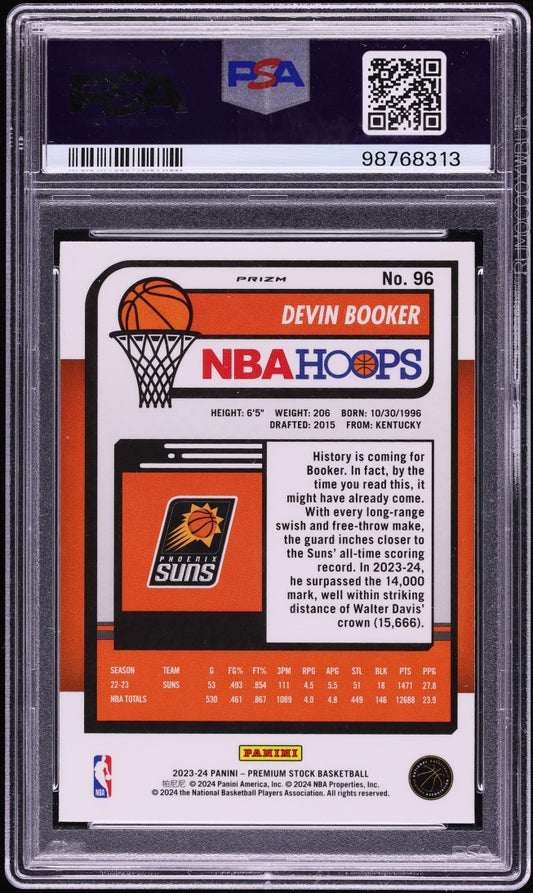 2023-24 Hoops Premium Stock Devin Booker Premium Tiger Prizm PSA 9