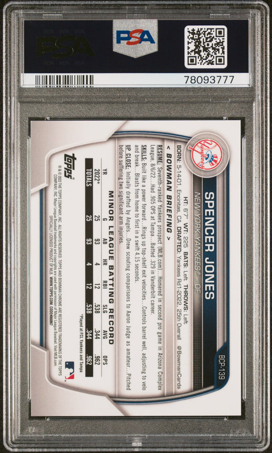 Spencer Jones 2023 Bowman Chrome BCP-139 Navy Refractor /175 PSA 10 slab back