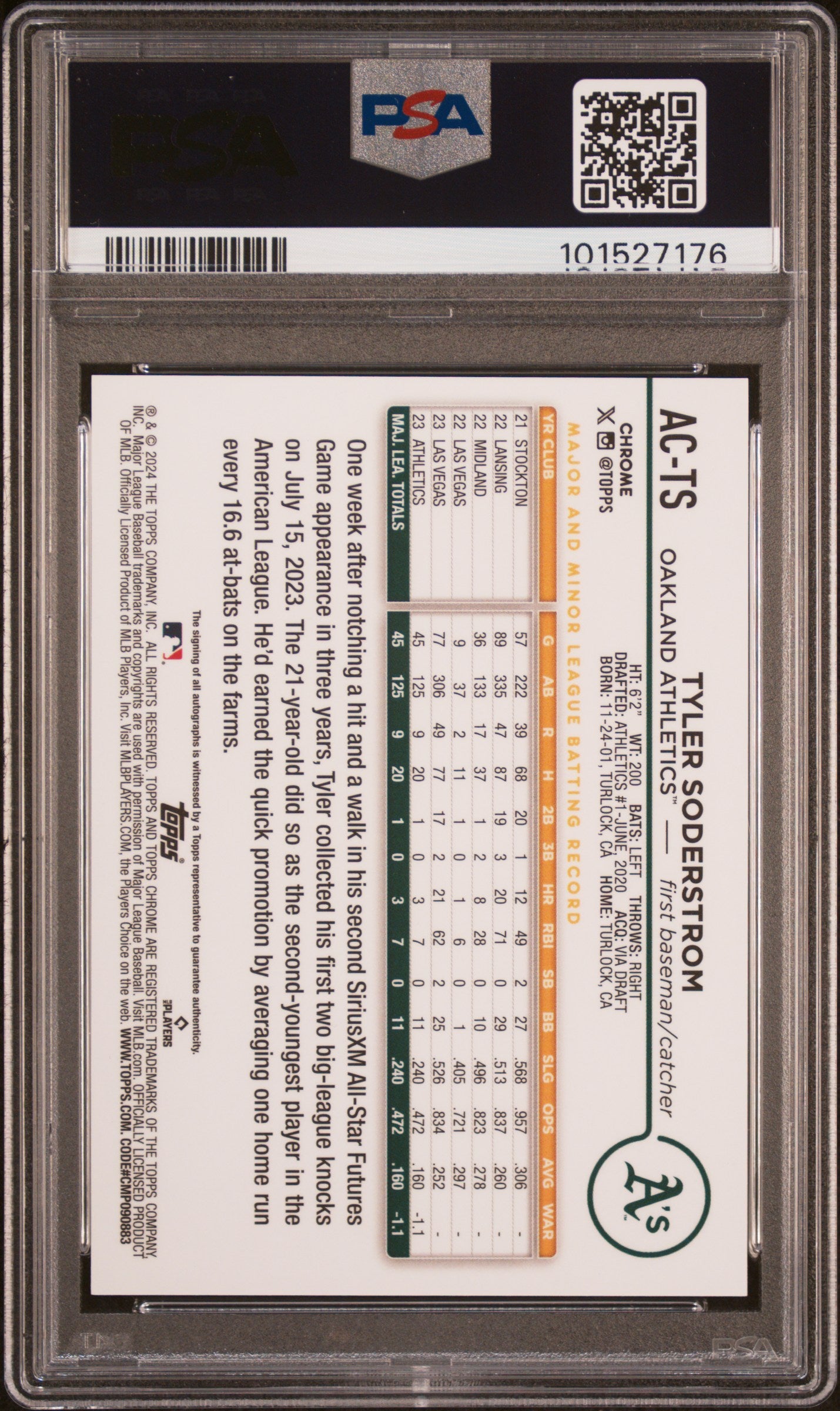 2024 Topps Chrome Update Tyler Soderstrom Green Refractor Auto /99 RC PSA 9