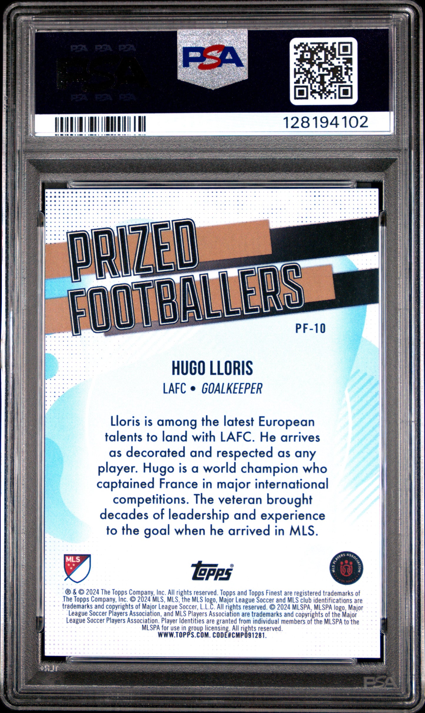 2024 Topps Finest Hugo Lloris Prized Footballers PSA 10 slab LAFC back