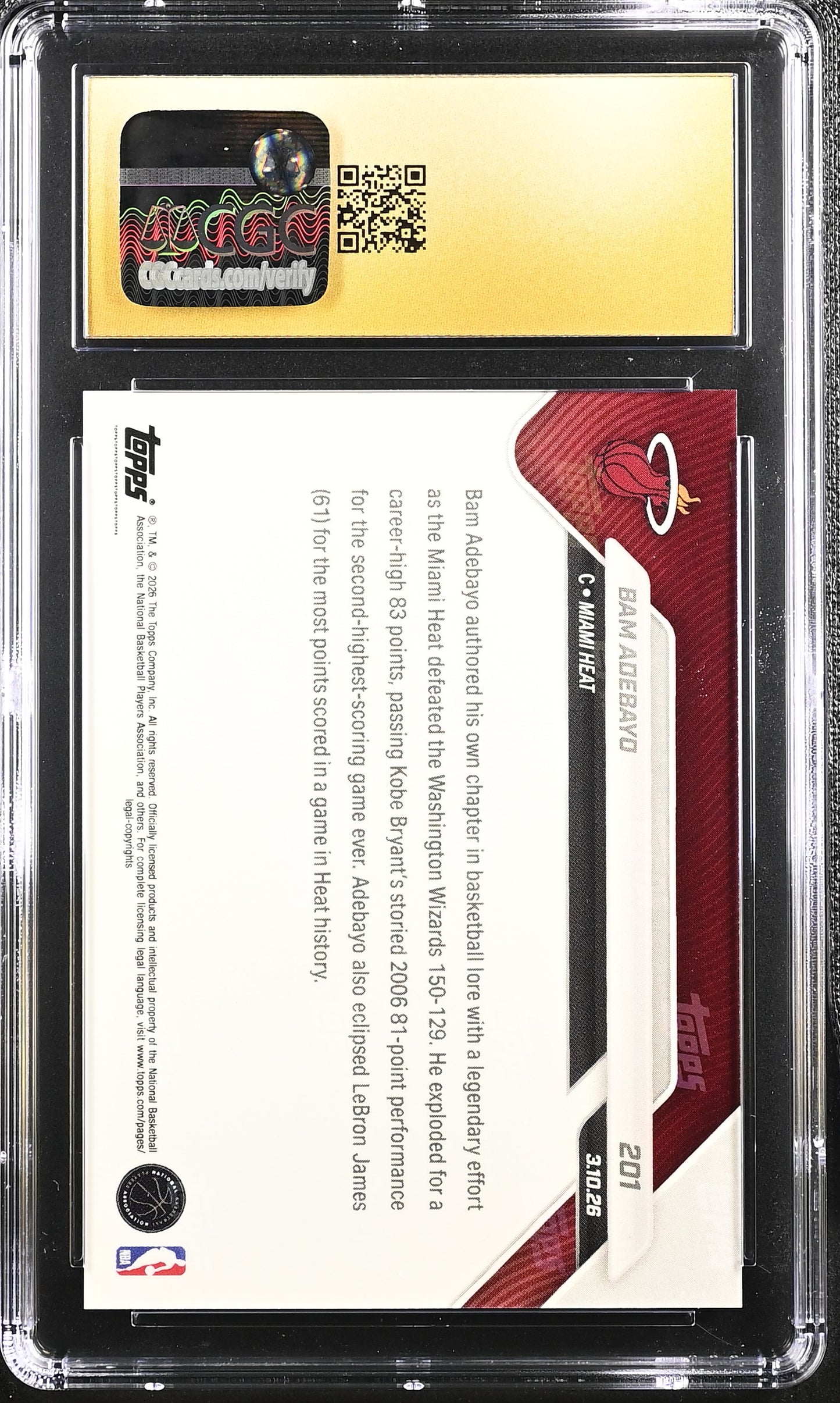 2025-26 Topps Now Bam Adebayo #201 CGC Pristine 10 Miami Heat