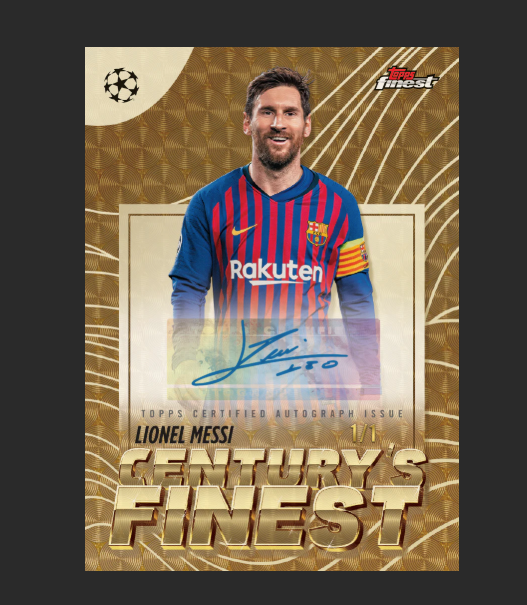 Soccer trading card of Lionel Messi with autograph on a gold background