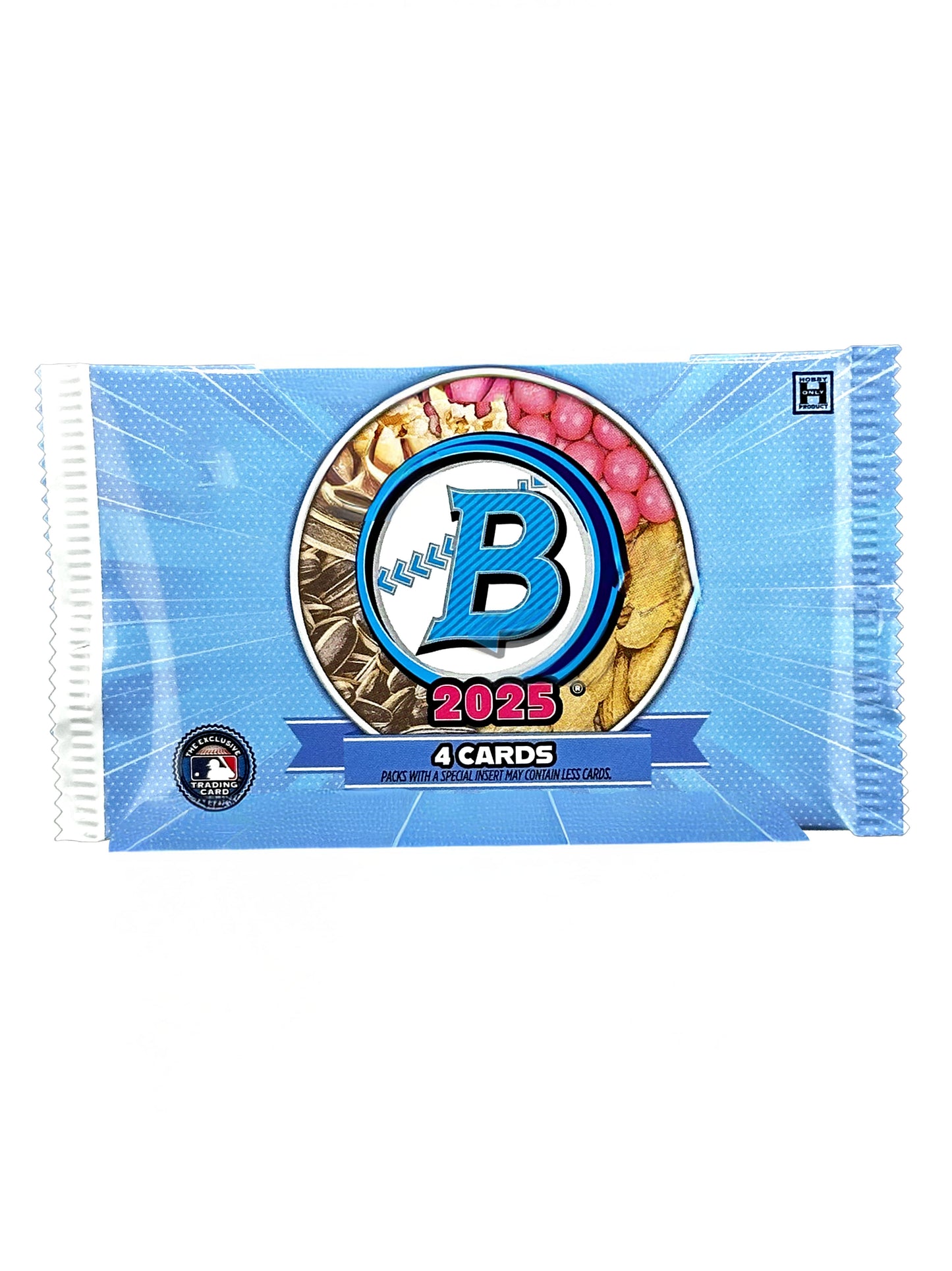 Bowman Baseball Snack Pack trading card pack with 'B' logo and '2025' text on a blue background
