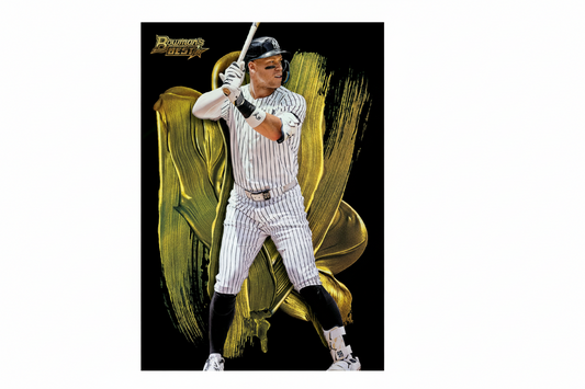 Baseball player in a pinstripe uniform with a bat, against a dark background with gold accents.