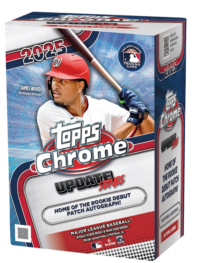 Topps Chrome 2025 baseball trading card packaging with a player on the cover.