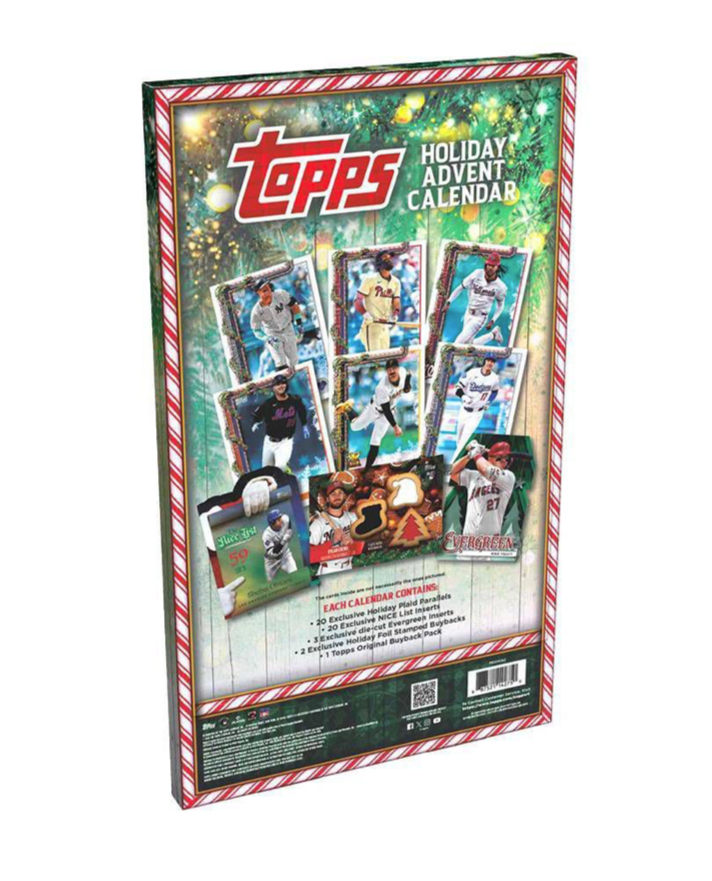 Topps Holiday Advent Calendar packaging with baseball cards on green and white background back of box