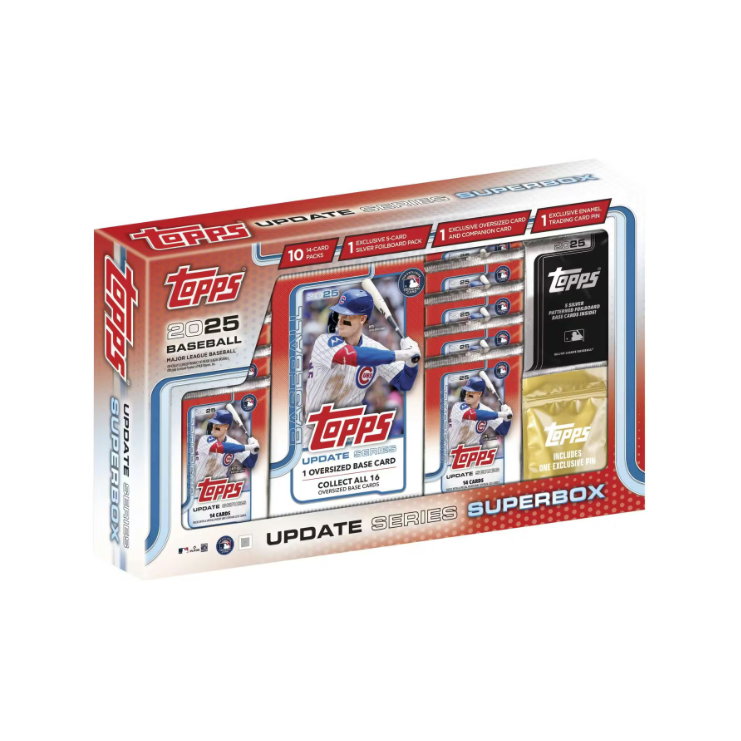 Picture of factory sealed baseball card box (front) with oversized card and pins