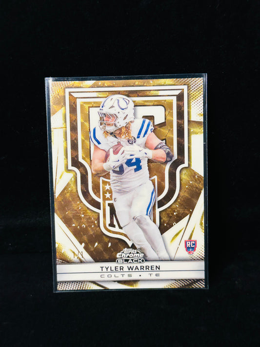 A collectible 2024 Topps Black Tyler Warren football trading card, featuring a gold and black design with a photo of the player in a white and blue Indianapolis Colts uniform, set against a black background.