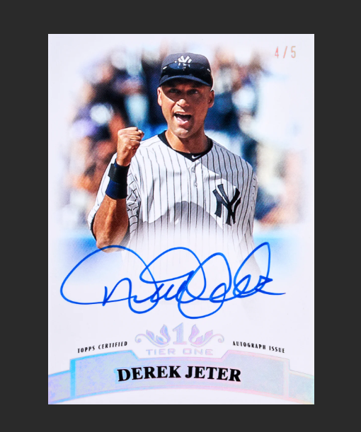 Baseball trading card of Derek Jeter with signature and branding