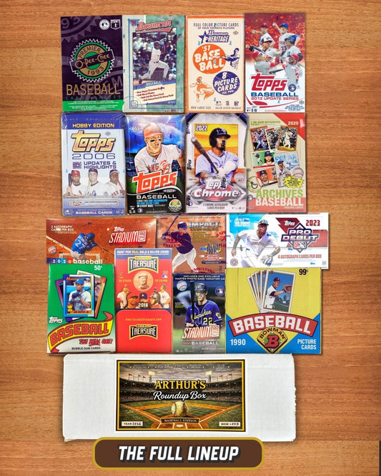 A product photo showing Arthur's September Roundup Box Ride #10 full box lineup, featuring 15 different boxes of baseball cards to give collector's a hobby shop experience delivered to their door.