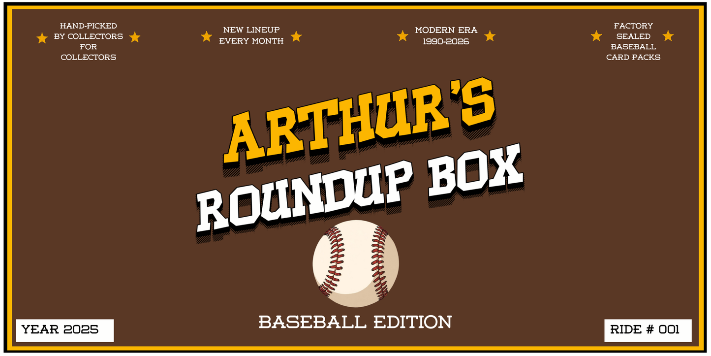 Promotional graphic for 'Arthur's Roundup Box' baseball edition with a brown background and baseball design.