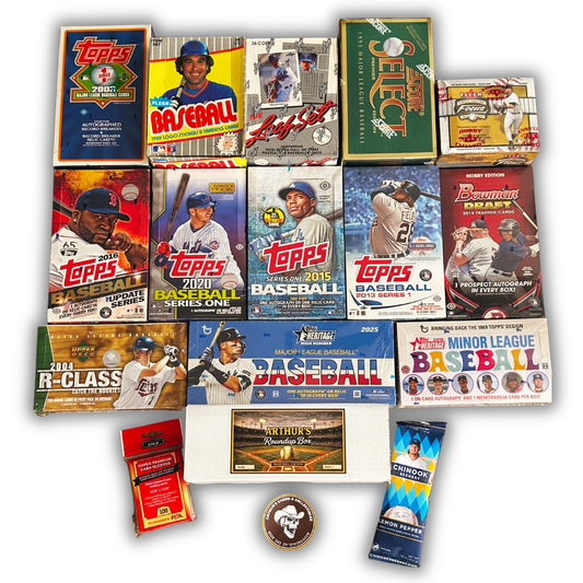 Arthur’s Roundup Box Ride #003 February 2026 boxed trading card lineup featuring Topps, Fleer, Score, Leaf, and Upper Deck products with Cardboard Goals penny sleeves and Chinook Seedery Bobby Witt Jr collab seeds.