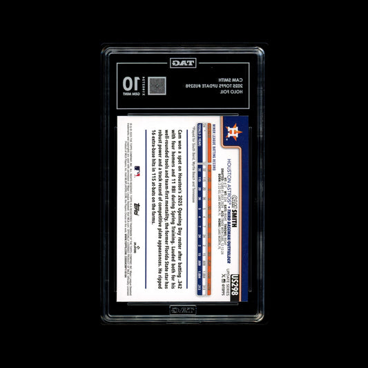 Baseball trading card in a protective clear TAG case with a black background