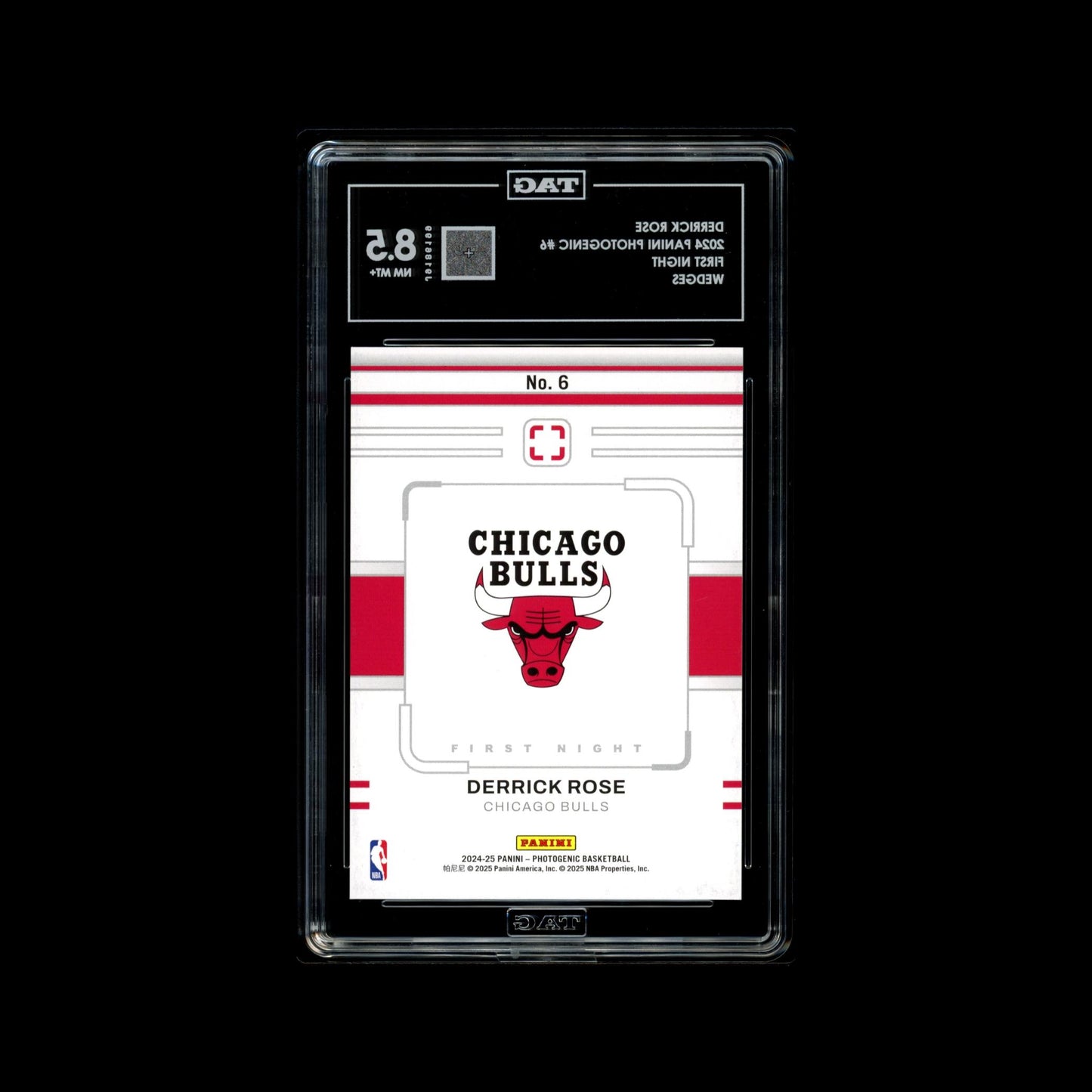 Basketball trading card of Derrick Rose with Chicago Bulls logo in a protective case.