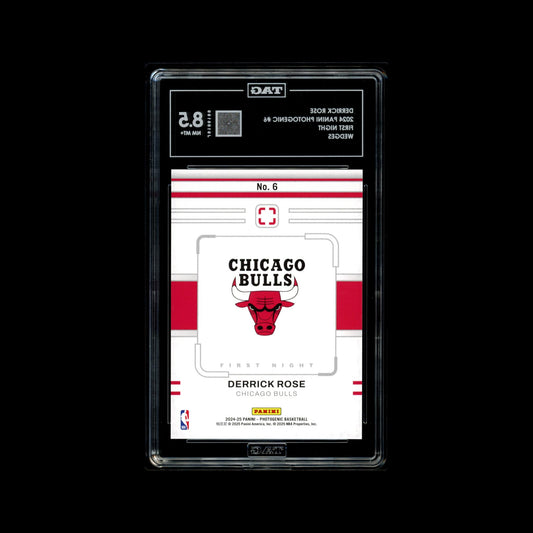 Basketball trading card of Derrick Rose with Chicago Bulls logo in a protective case.