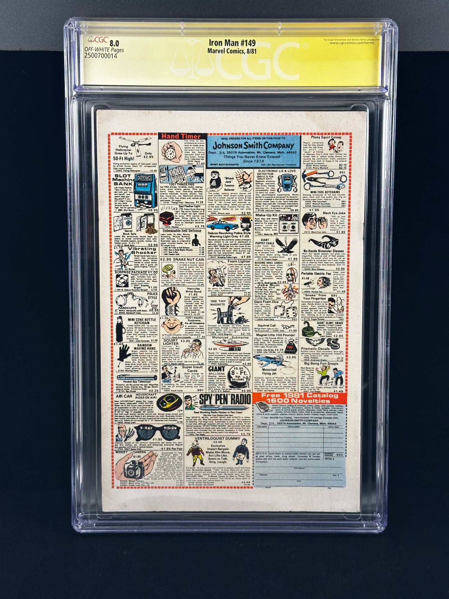 An Iron Man #149 comic book page from Marvel Comics, graded and encapsulated by CGC with a yellow B-9 label at the top, shown against a dark background.