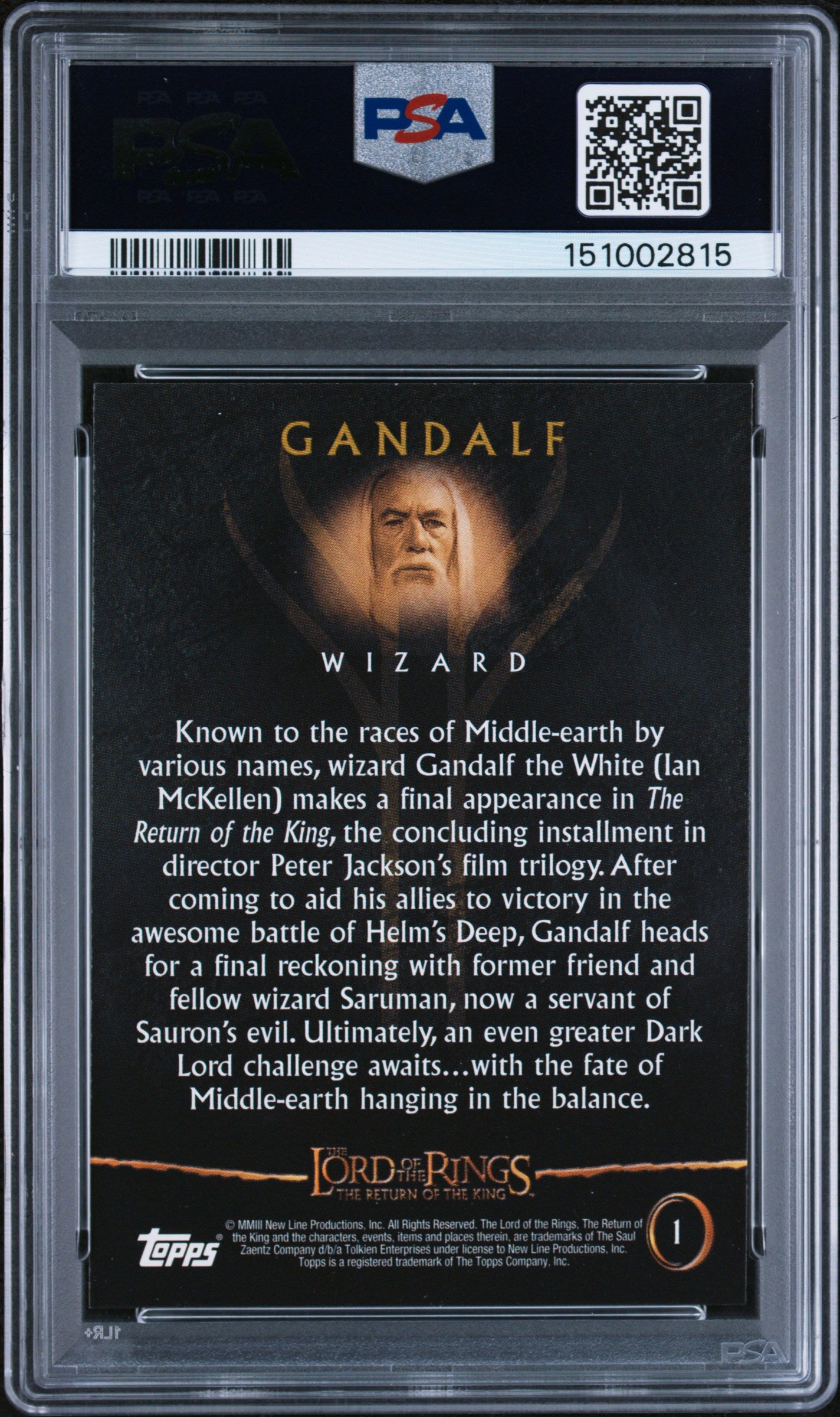 Gandalf trading card with Topps branding and PSA grading information