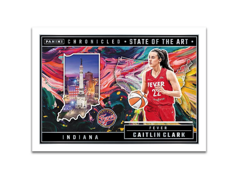 Basketball trading card of Caitlin Clark with Indiana skyline and logo