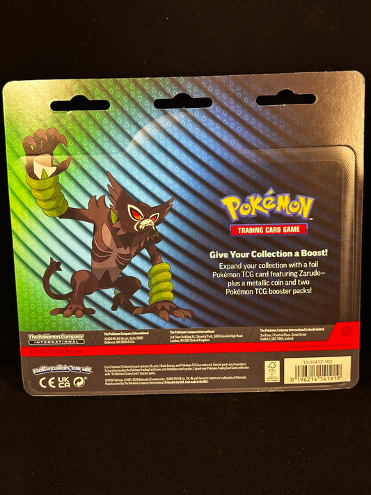 Pokémon Trading Card Game card booster pack packaging featuring a dark brown creature character on a green-to-blue gradient card back with the Pokémon logo and product text.