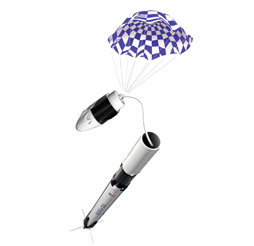 Model rocket with a checkered parachute on a white background