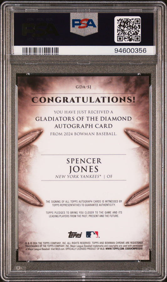 Baseball card featuring Spencer Jones with a PSA grading label