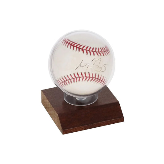 Autographed baseball holder with wood base