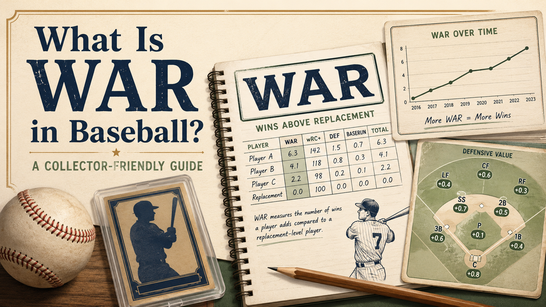 Vintage baseball statistics graphic explaining WAR, or Wins Above Replacement, for baseball card collectors