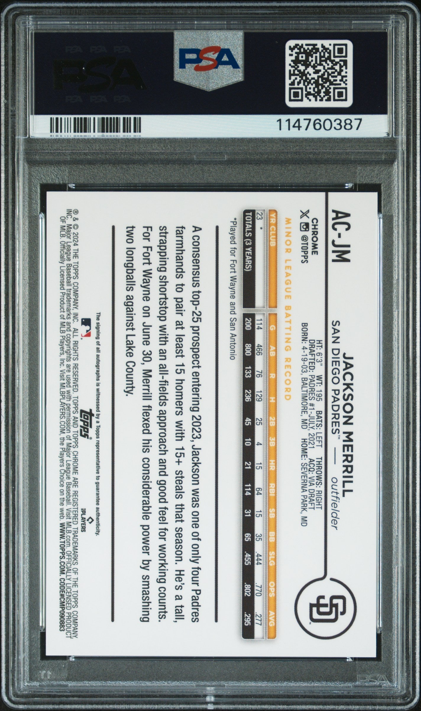 2024 Topps Chrome Update Jackson Merrill RC Auto Gold Wave #ACJM PSA 9