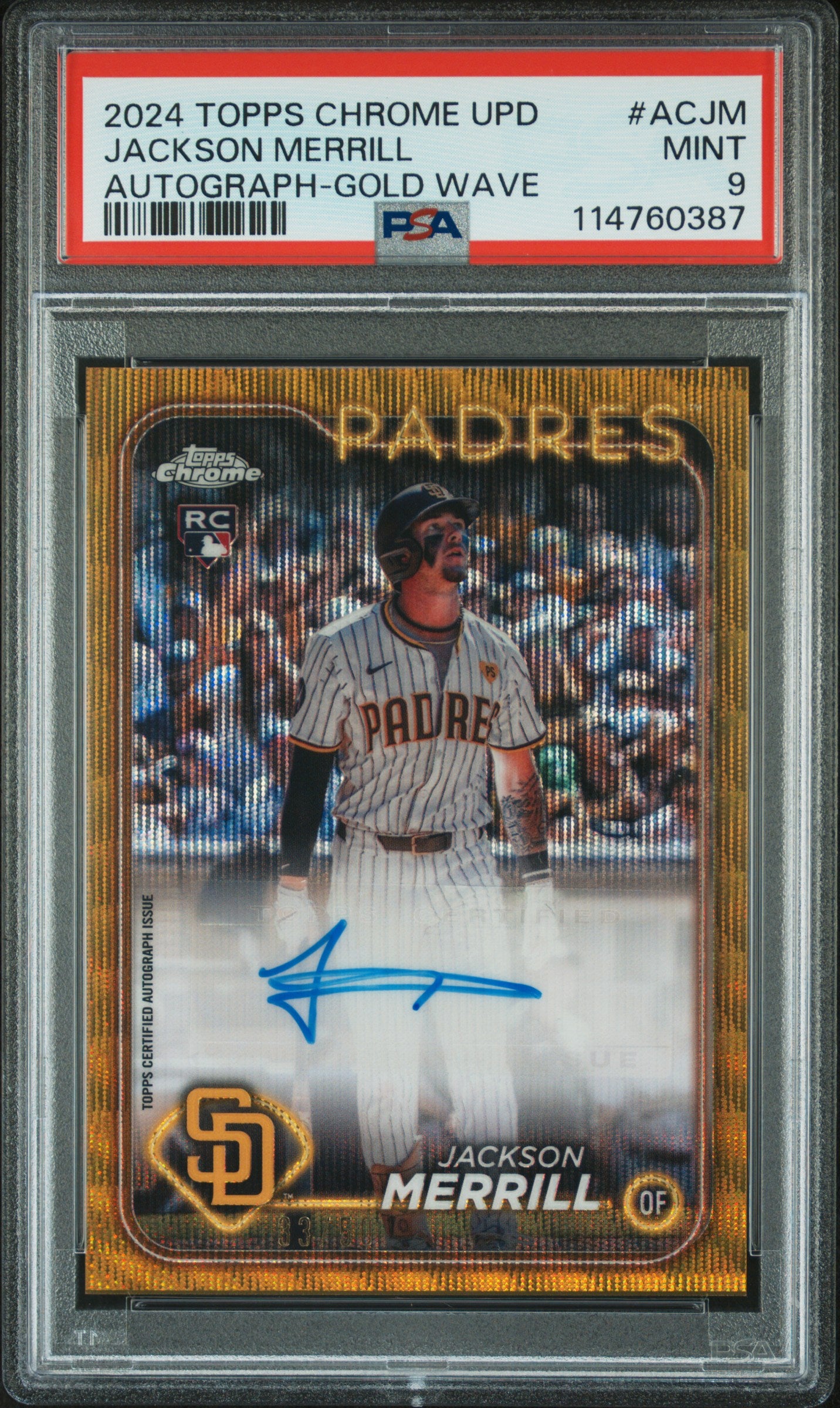 2024 Topps Chrome Update Jackson Merrill RC Auto Gold Wave #ACJM PSA 9