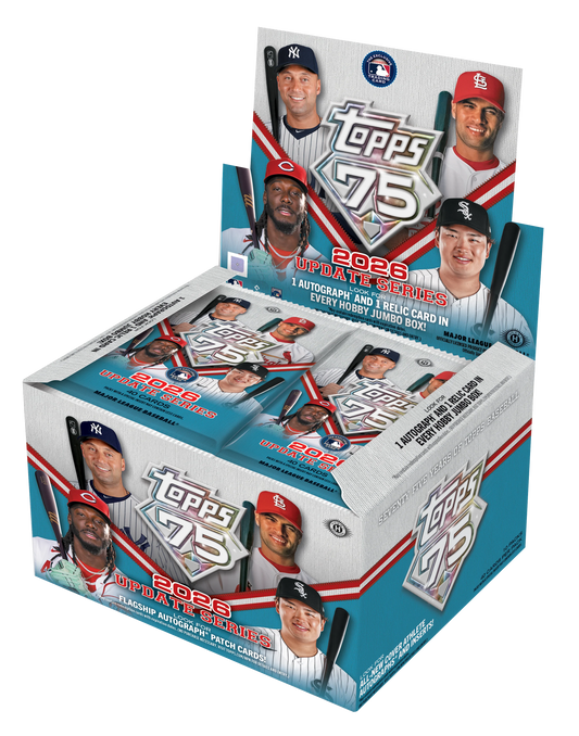 Topps 2025 Auto-Trade-In Box set for baseball card collectors, featuring multiple sealed booster packs inside a large retail display box with team player graphics and the Topps logo.