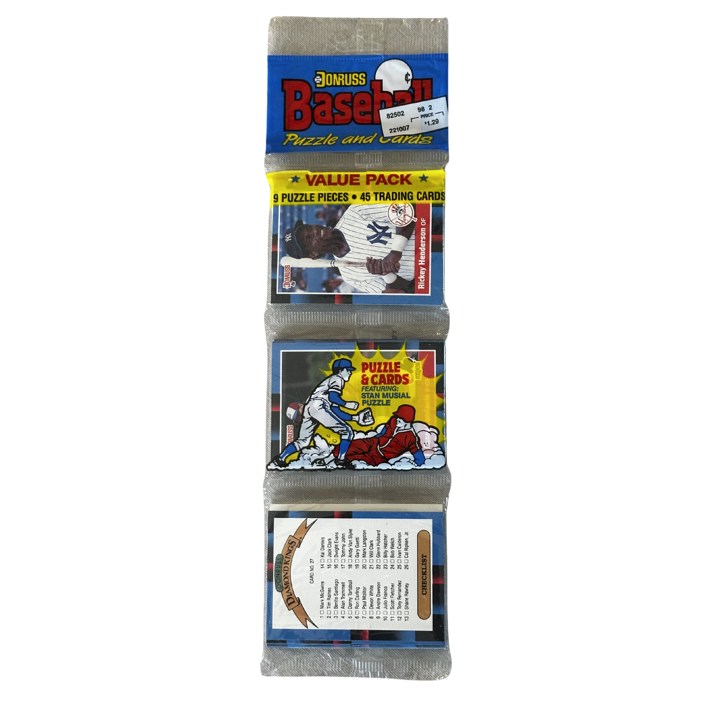 Baseball trading card pack with puzzles and cards on a white background
