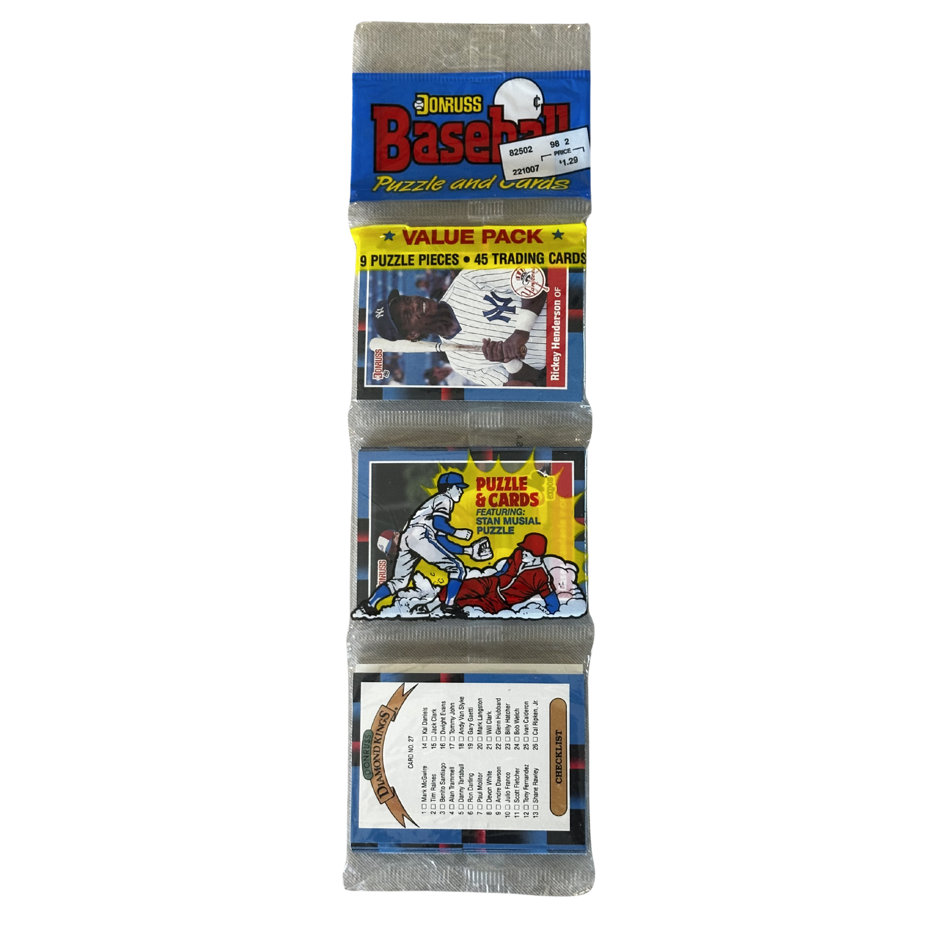 Baseball trading card pack with puzzles and cards on a white background