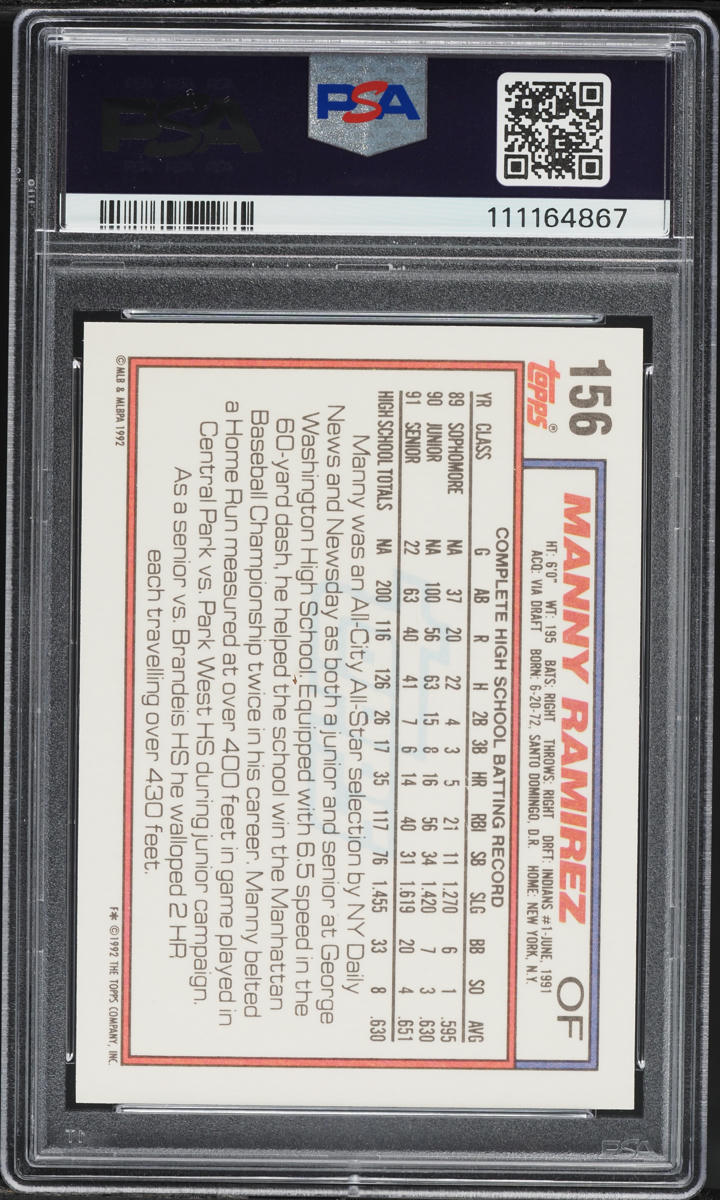 1992 Topps Manny Ramirez Draft Pick Rookie #156 PSA 10 Gem Mint