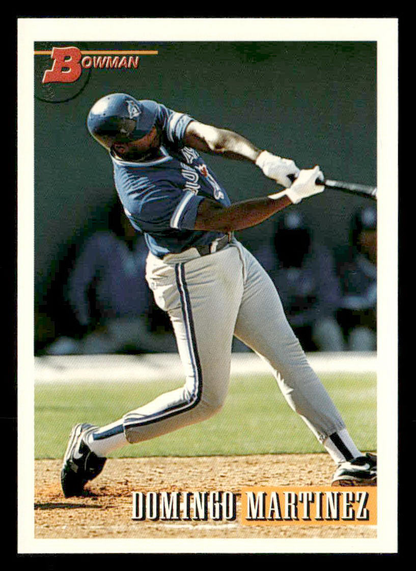 Baseball trading card of a player in action, with 'Bowman' branding.