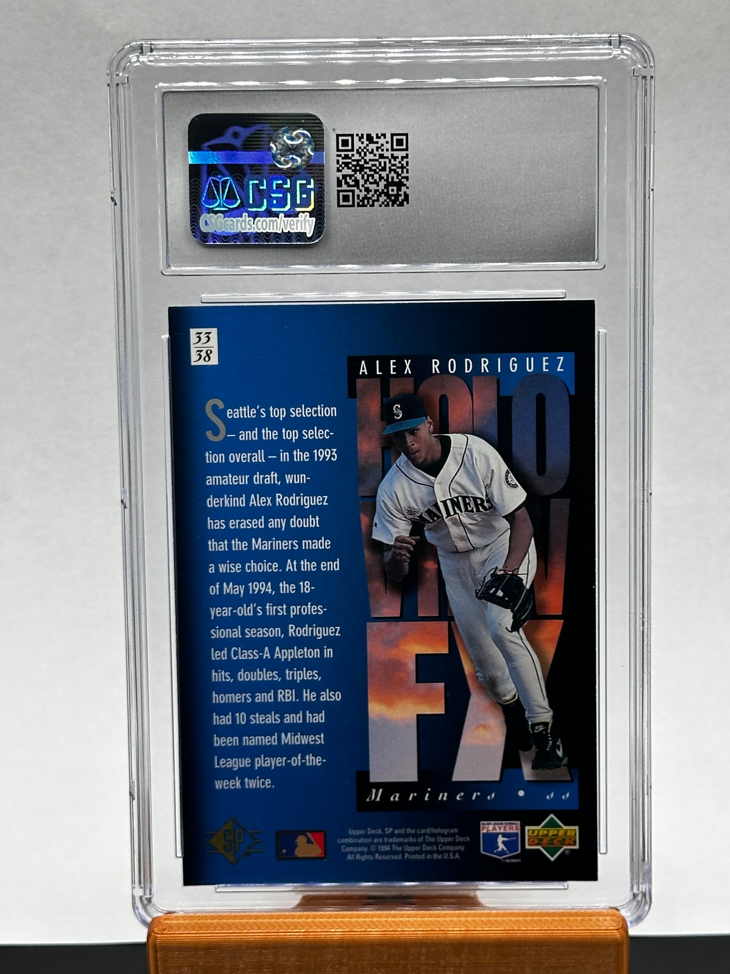 Baseball trading card of Alex Rodriguez in a clear display case with a grading label.