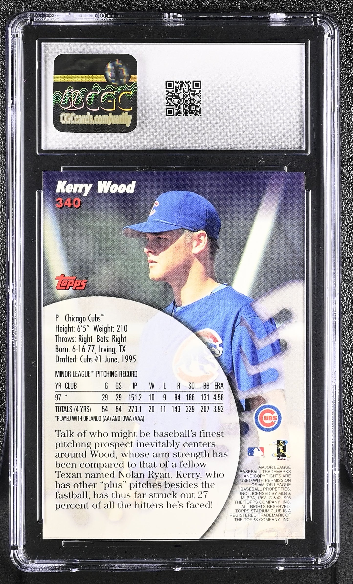1998 Stadium Club Kerry Wood Prime Rookies #340 CGC 9.5 Mint+ Chicago Cubs