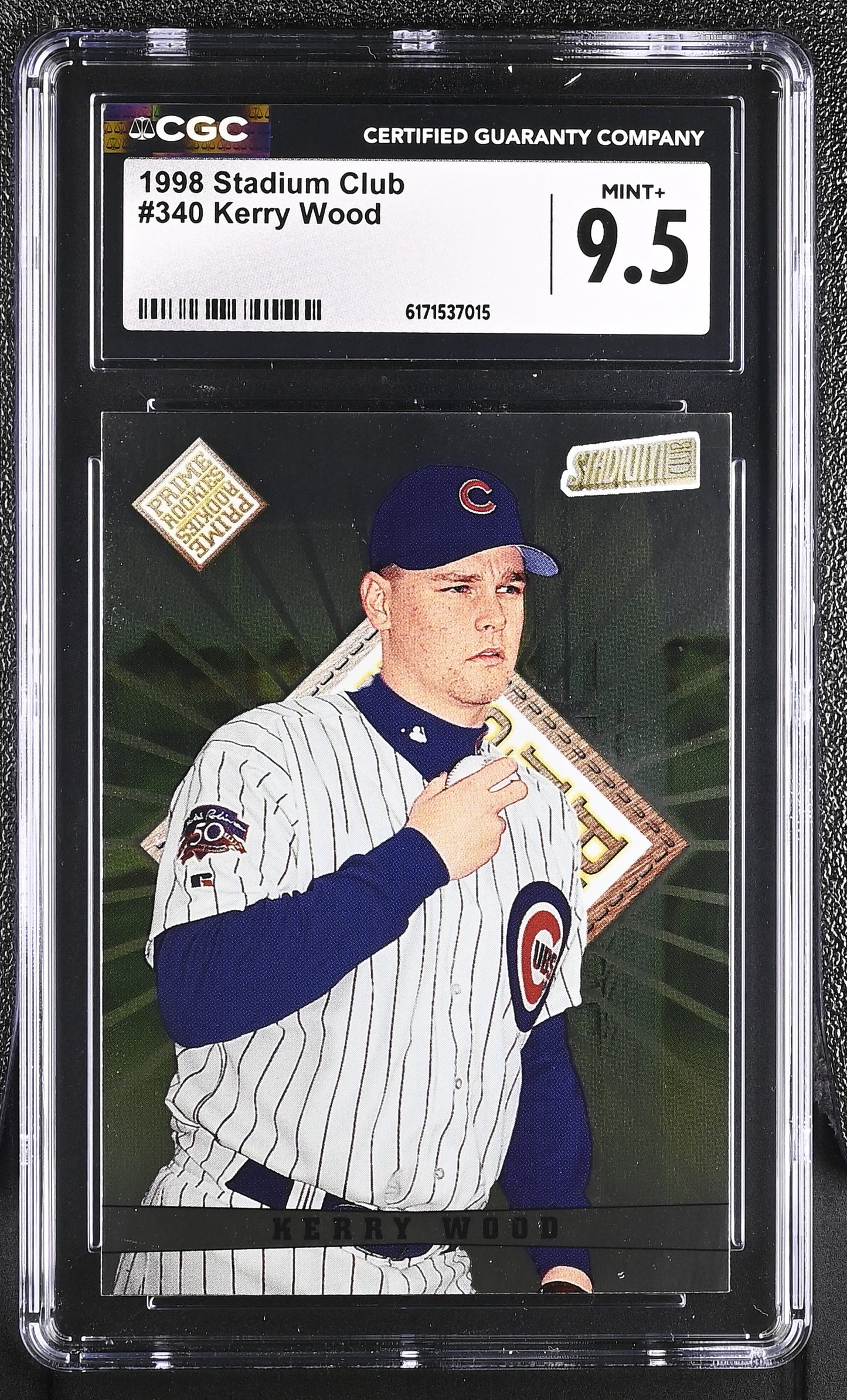 Baseball trading card of Kerry Wood in a protective case with CGC certification