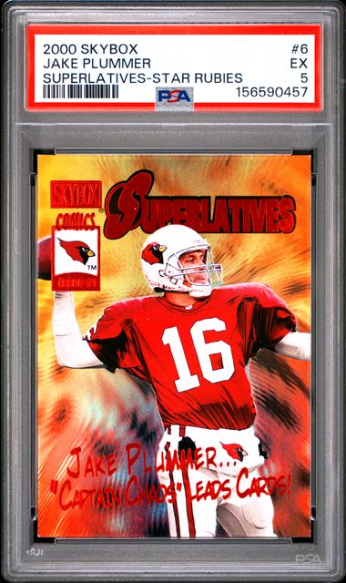 A graded 2000 Skybox Cardinals football card featuring Jake Plummer, sealed in a PSA/SKYBOX slab. The card shows a dynamic action shot of Plummer in a red jersey with the number 16, set against a fiery orange and yellow background.