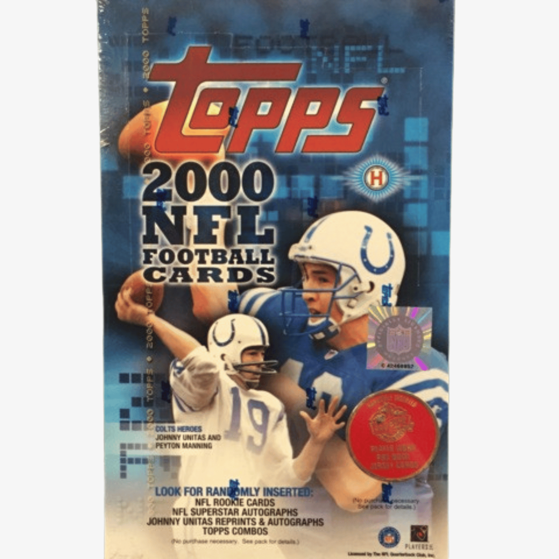 A box of 2000 Topps NFL Football trading cards featuring Peyton Manning