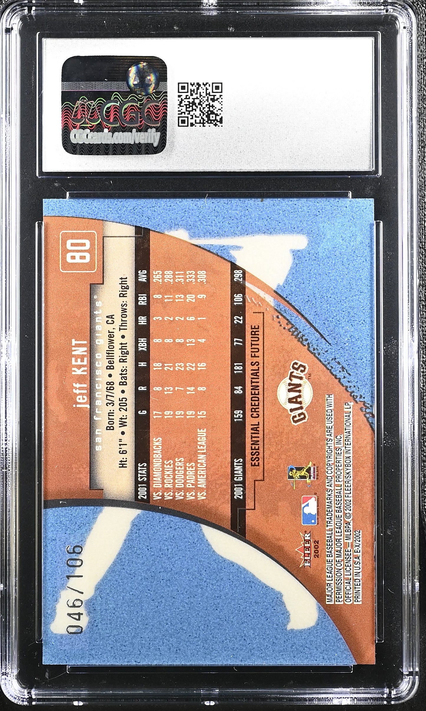 2002 Fleer E-X Jeff Kent Essential Credentials Future #80 /106 CGC 8.5