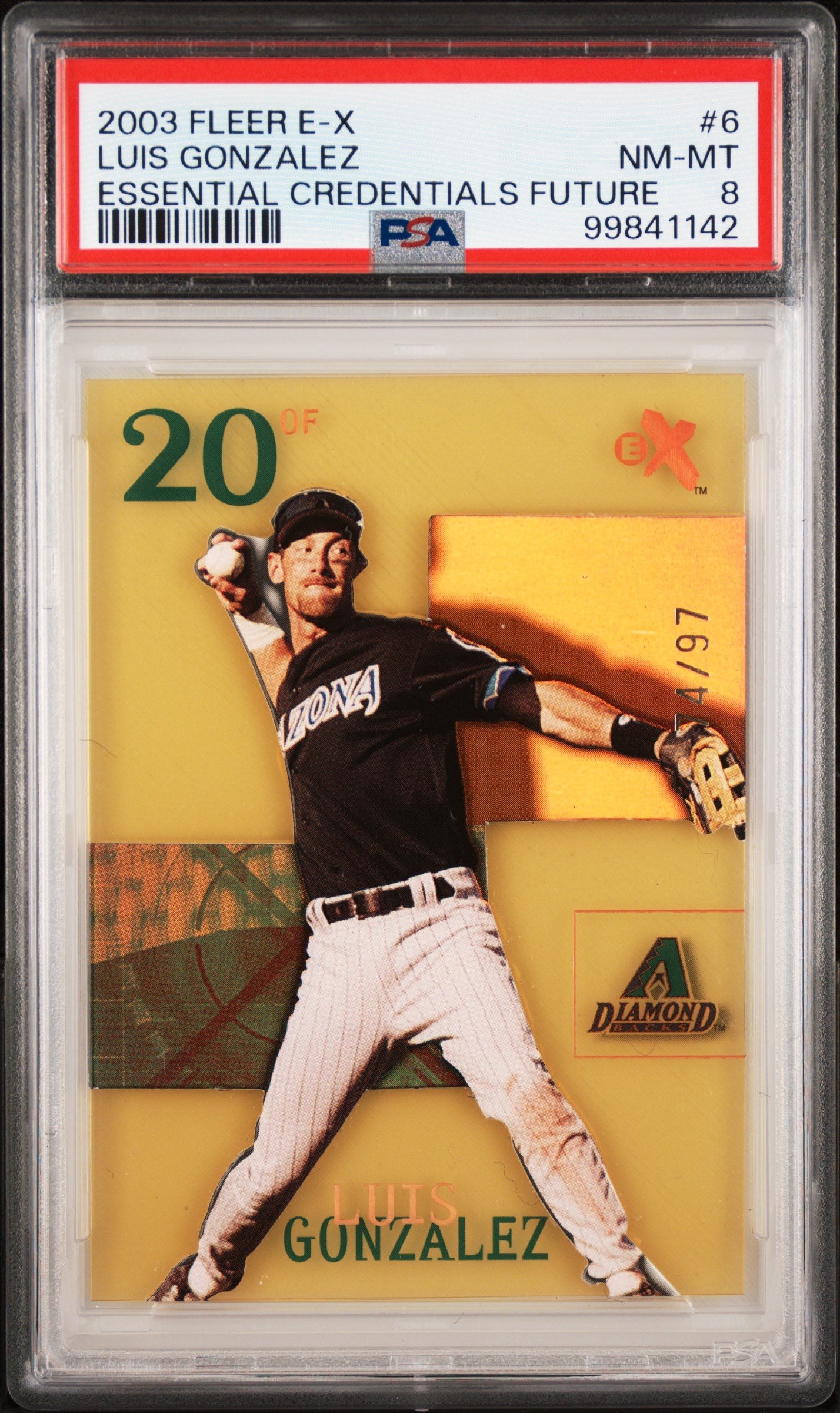 Baseball trading card of Luis Gonzalez with a yellow background and a PSA grading label.