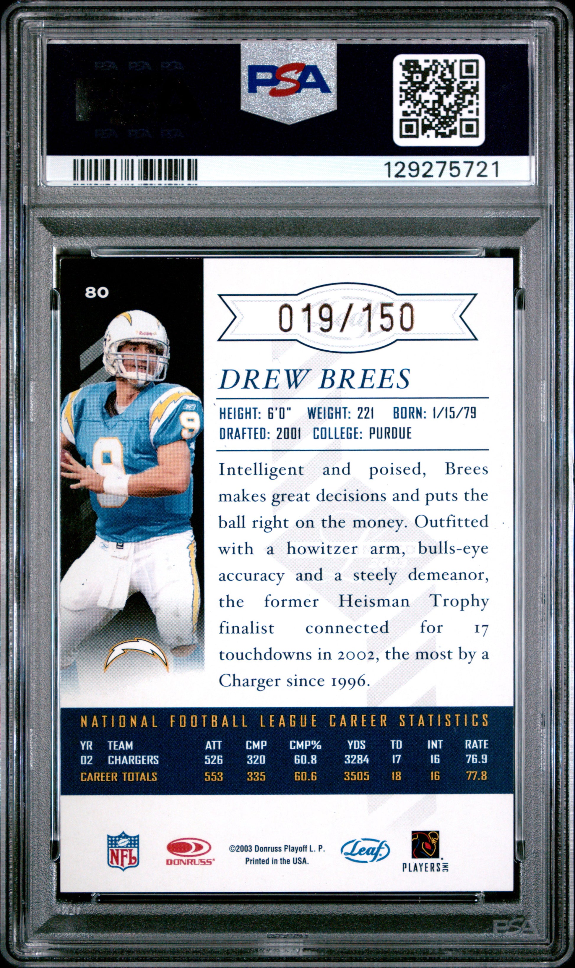 Drew Brees Chargers card PSA slab low serial numbered football card