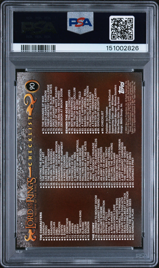 Lord of the Rings Return of the King Checklist Trading card with text and a PSA logo on a reflective surface