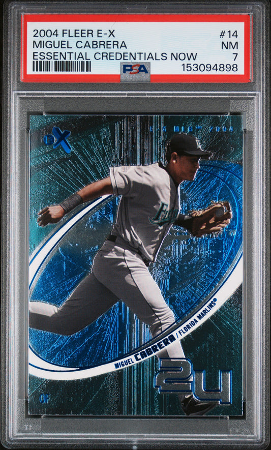 Baseball trading card of Miguel Cabrera in a blue and silver frame with a PSA grading label.