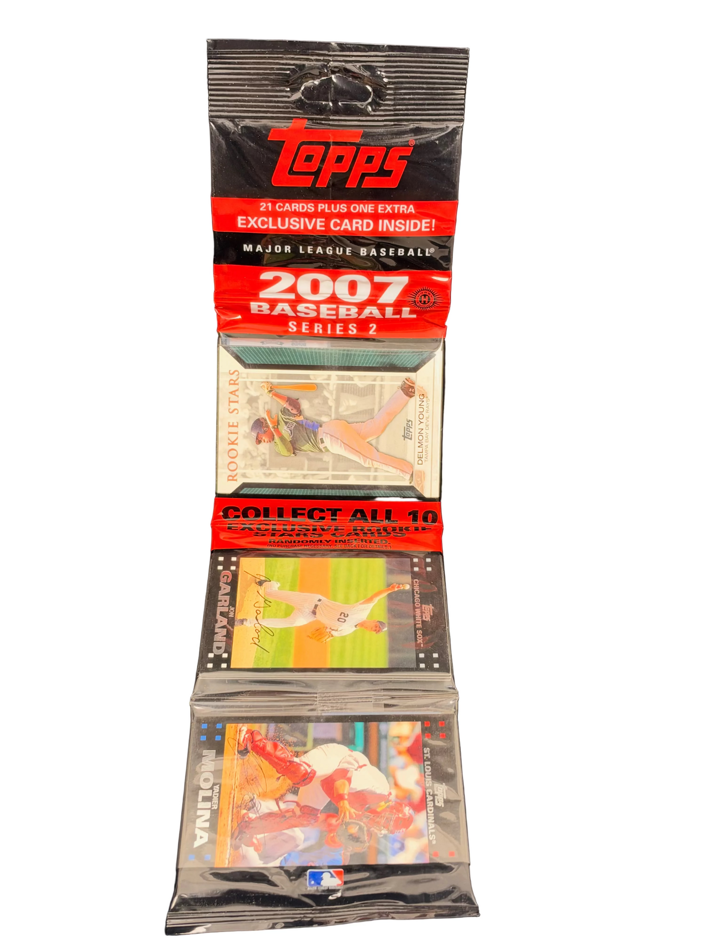 A sealed Topps 2007 Baseball Series 2 trading card pack standing upright on a black background, with several cards visible through the clear plastic wrapper.