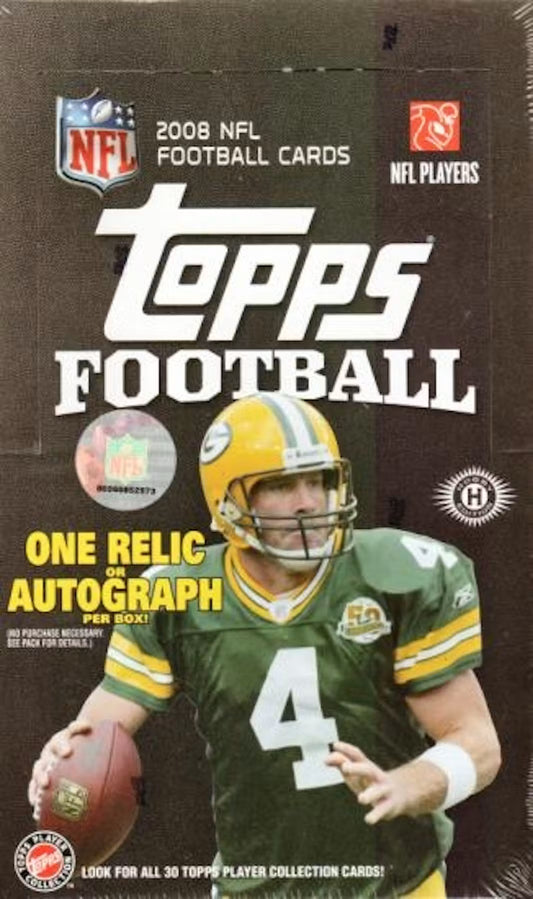 Picture of a 2008 Topps Football card hobby box featuring Brett Favre
